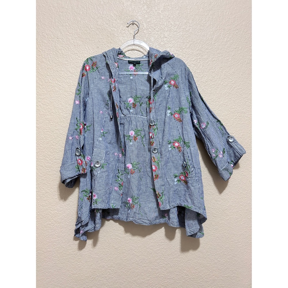For Cynthia M Embroidered Linen Blend Hooded Jacket Blue Striped Floral Boho